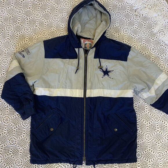 Vintage Dallas Cowboys NFL Jacket Big Logo Starter Gray White Blue *broken zip - Picture 3 of 13